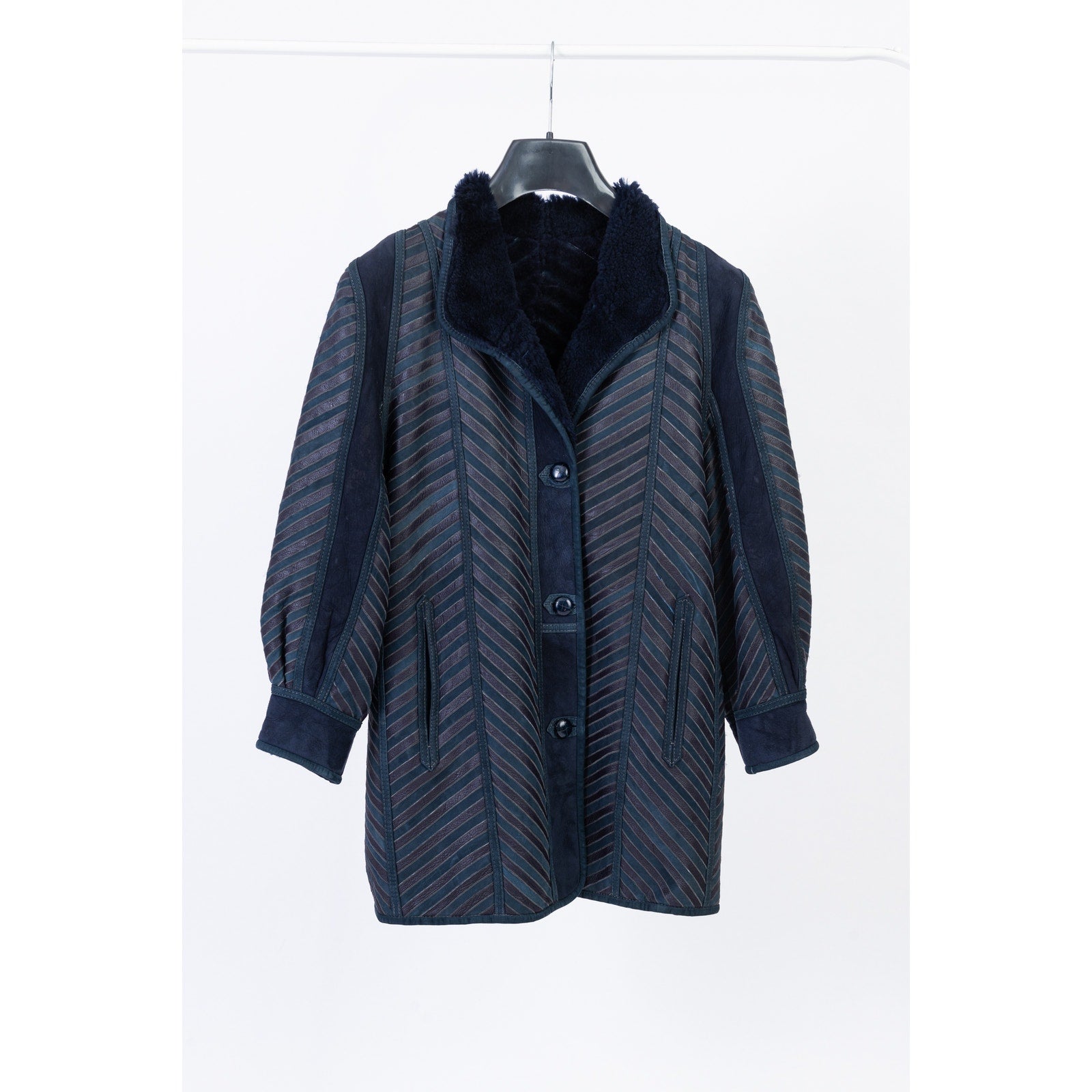 Woman's Soft Lightweight Chevron Pattern Blue Shearling Coat, XS