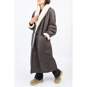 Woman's Brown Long Sheepskin Coat with Shawl Collar, Size L