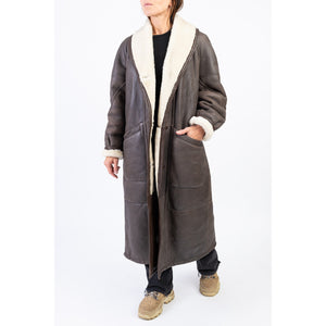 Woman's Brown Long Sheepskin Coat with Shawl Collar, Size L