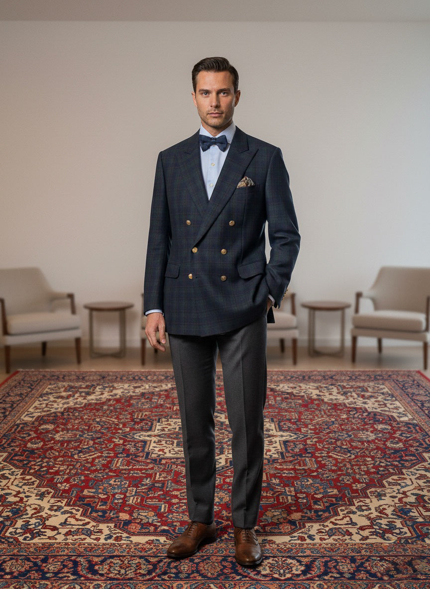 Ermenegildo Zegna Double Breasted Blue Green plaid blazer cashmere blend