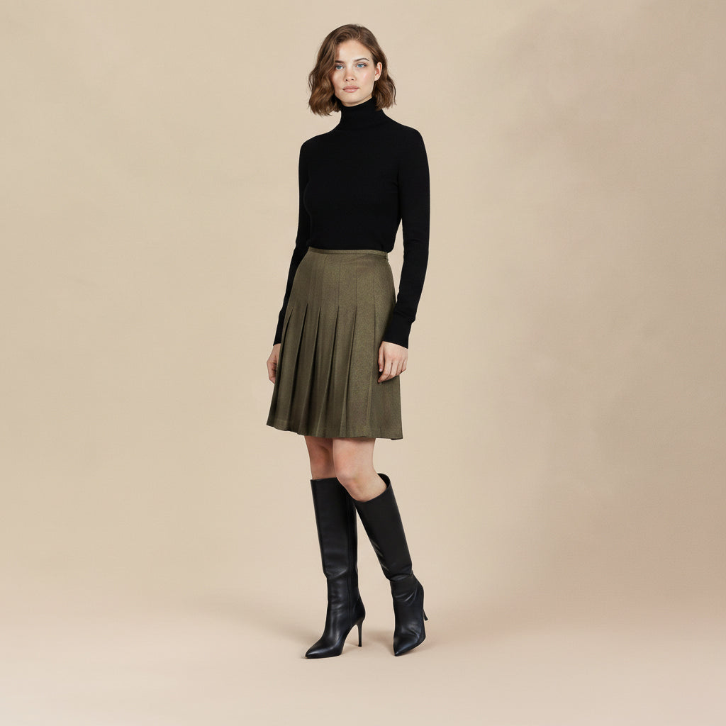 Hermes Khaki Green Silk Pleated Skirt