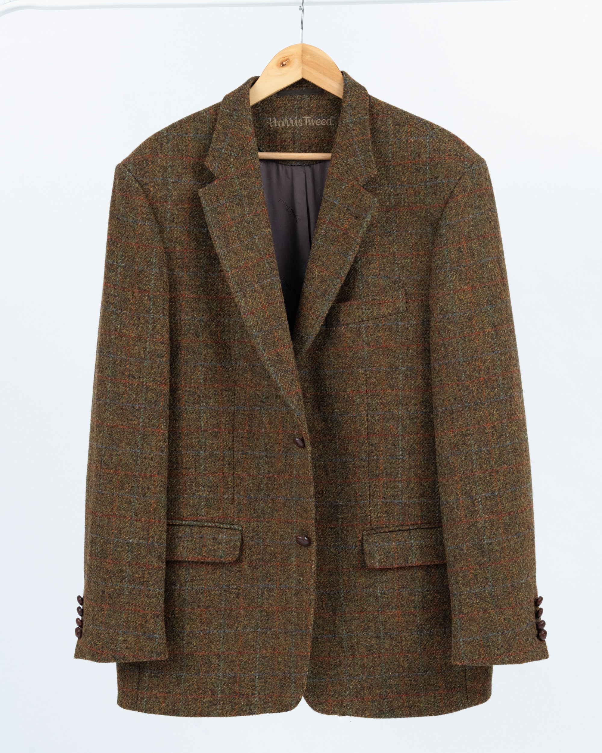 Harris Tweed Plaid Khaki Green 2 Button Blazer, US/UK 46, EU 56