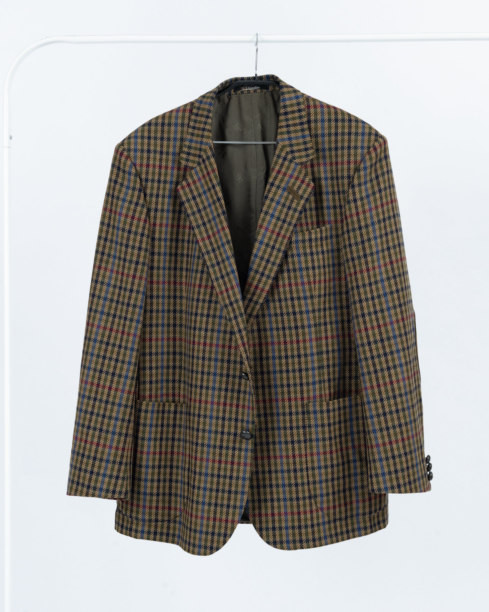 DAKS Check Khaki Green Wool Blazer, US 44, EU 54