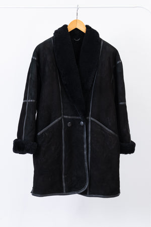 Hide Society Canada Black Midi Shearling Coat with Shawl Collar, Size L