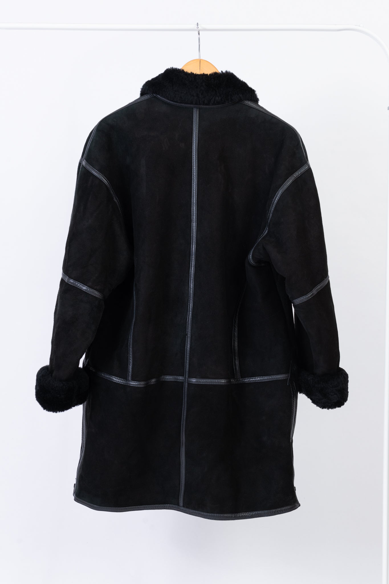 Hide Society Canada Black Midi Shearling Coat with Shawl Collar, Size L