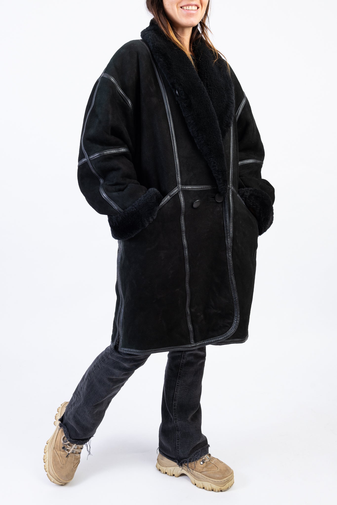 Hide Society Canada Black Midi Shearling Coat with Shawl Collar, Size L