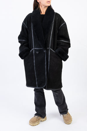 Hide Society Canada Black Midi Shearling Coat with Shawl Collar, Size L