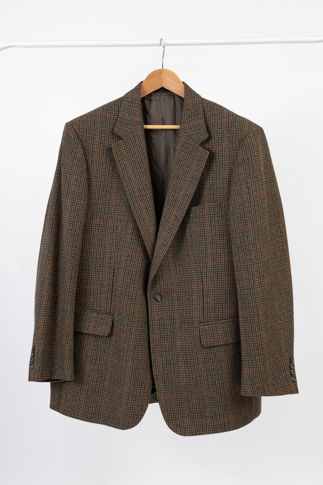 Burberry Khaki Green Houndstooth Wool Cashmere Blend Blazer, US 46 R, EU 56