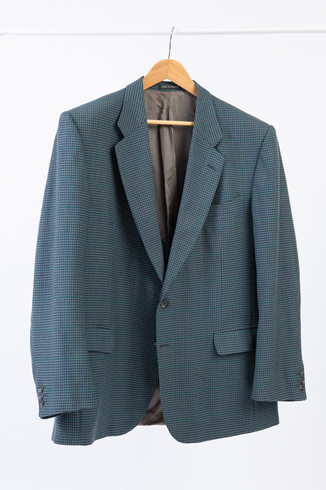 Burberrys Vintage 2 Button Houndstooth Teal Blue Blazer, US 46L, EU 56L