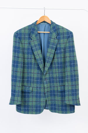 Harris Tweed Plaid Green Blue 2 Button Blazer, US/UK 44 R, EU 54