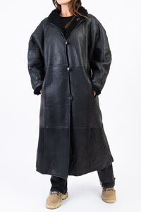 Woman's Black Long Soft Lambskin Shearling Coat, Size M