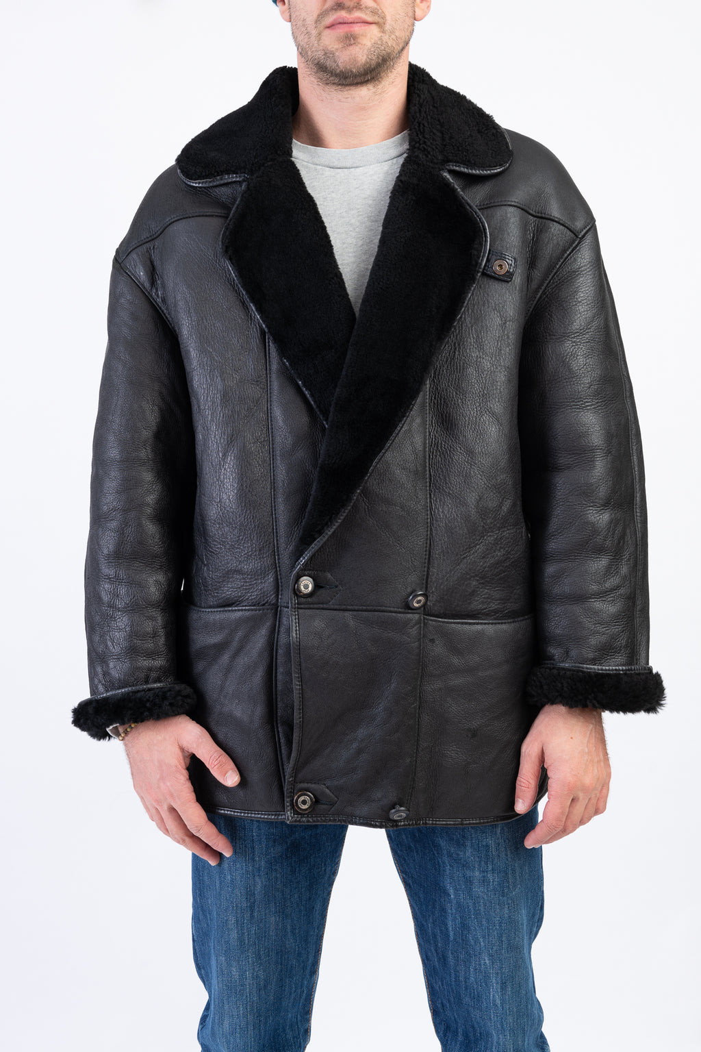 Men's Black Lambskin Shearling Double Breasted Jacket, SIZE M