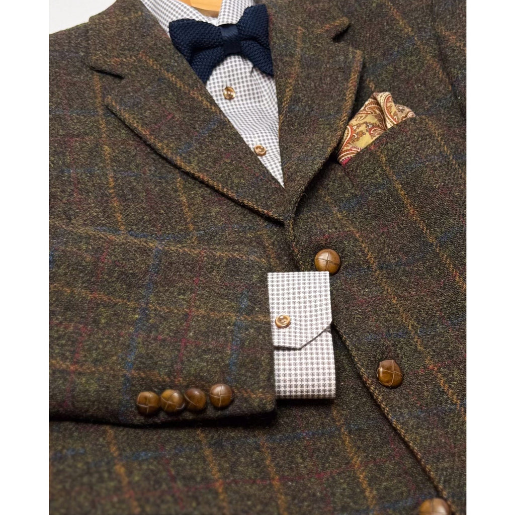 Harris Tweed x Mario Barutti Khaki Green Tweed Wool Plaid Blazer, US 38R, EU 48