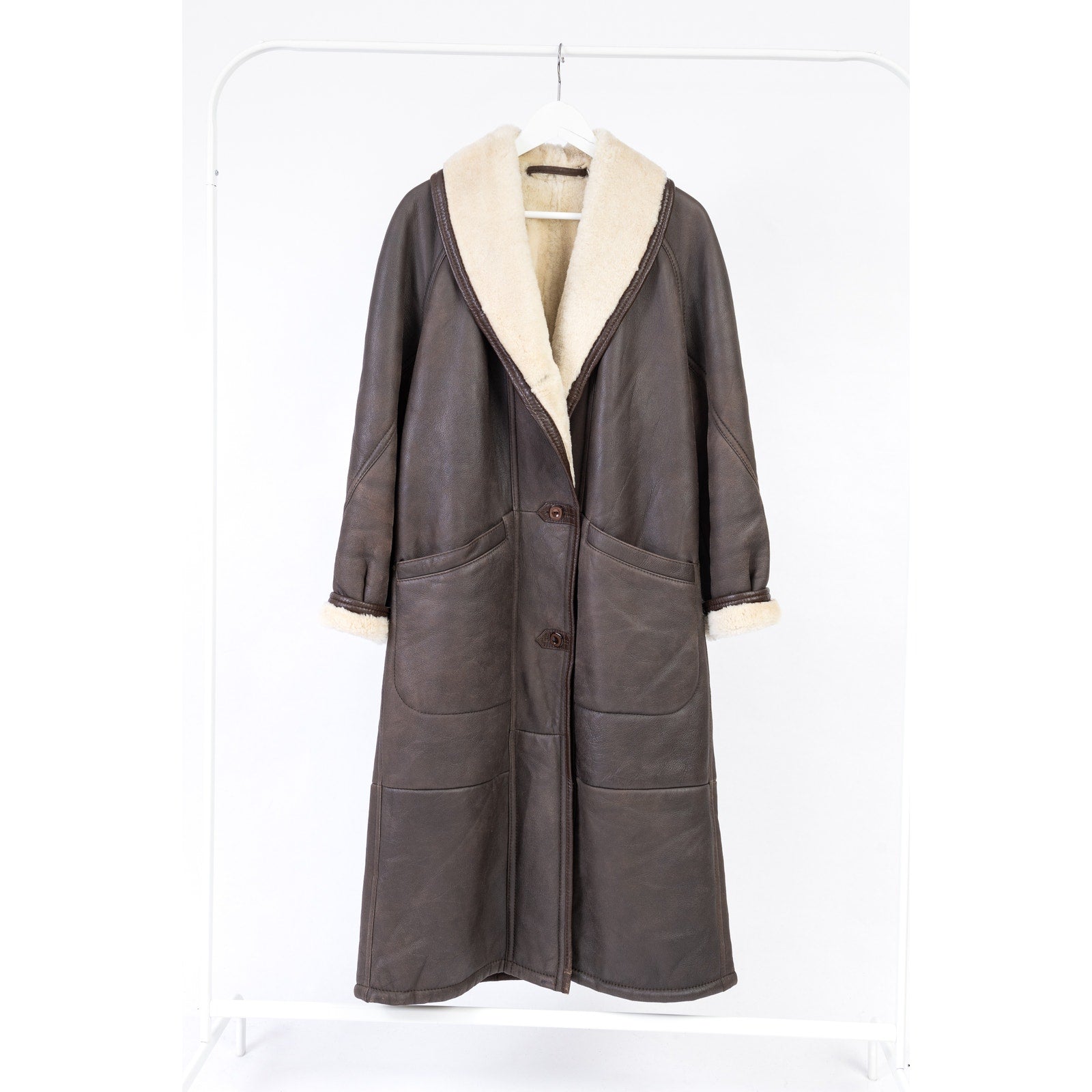 Woman's Brown Long Sheepskin Coat with Shawl Collar, Size L