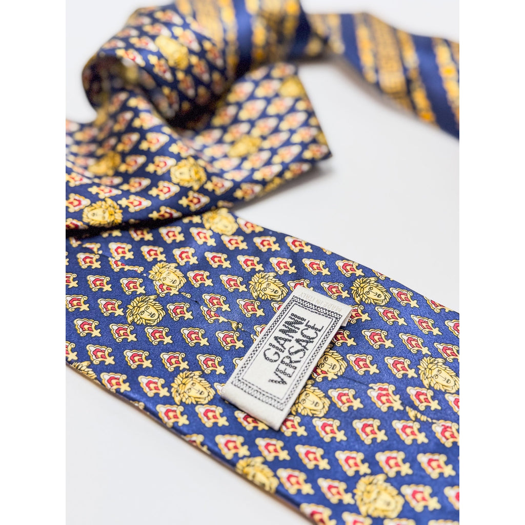Gianni Versace Blue Silk Necktie With Golden Medusa Head Motif Pattern