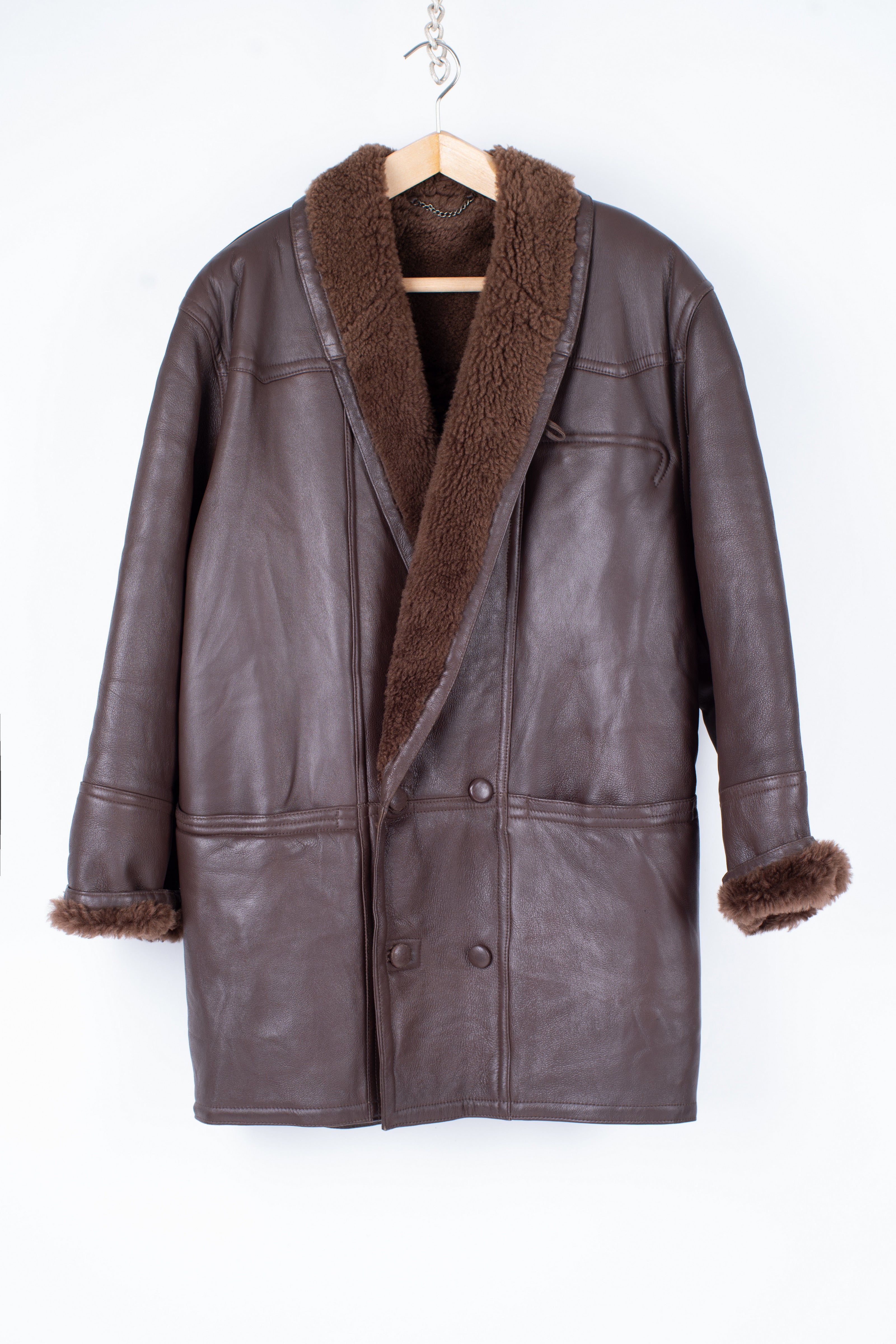 Men's Double Breasted Supple Shearling Coat With Shawl Collar, SIZE M