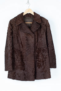 Vintage Chestnut Brown Karakul Fur Coat with Notched Lapels, SIZE XS