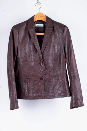 Women's Soft Leather Crocodile Pattern Brown Blazer, SIZE M