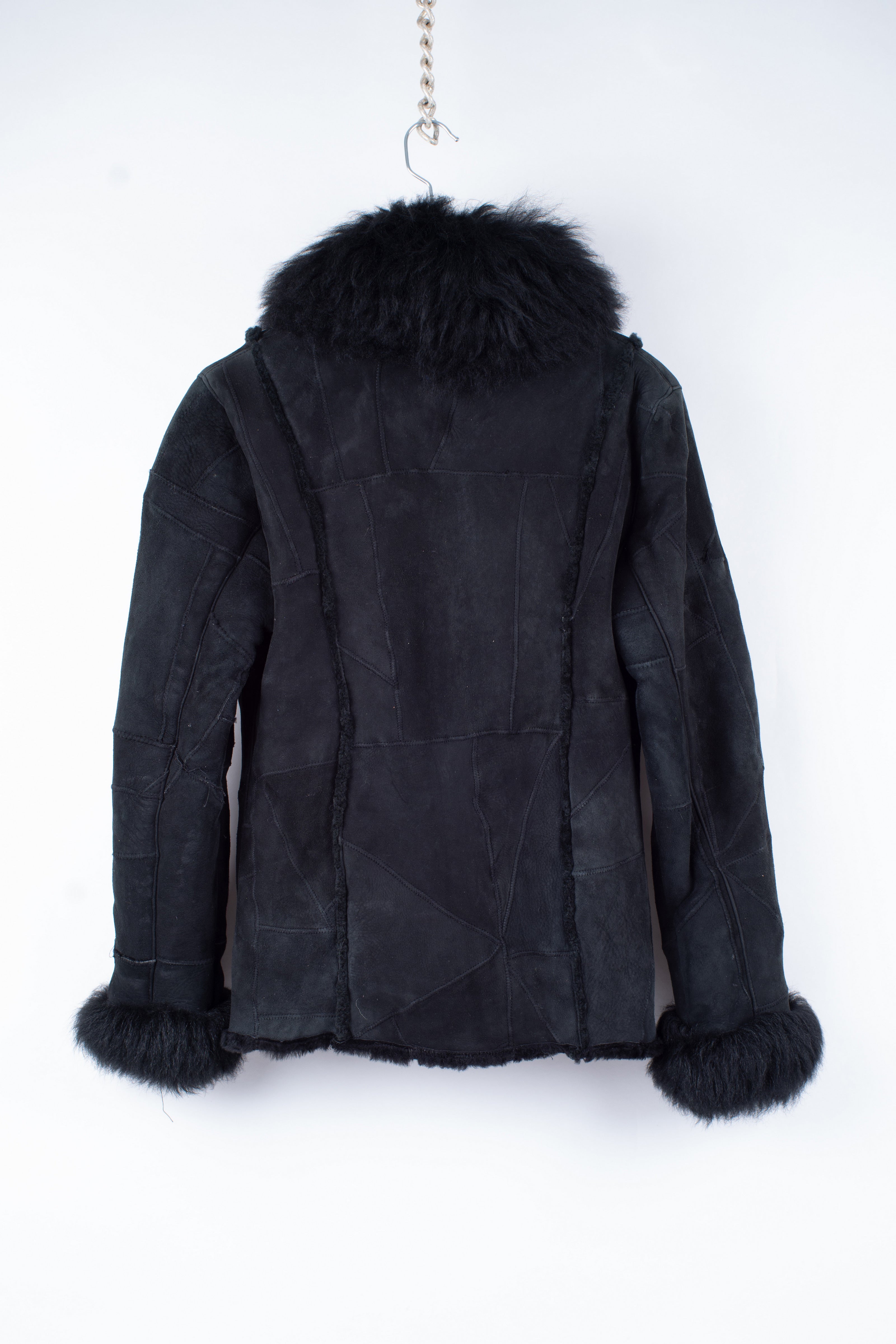 Woman's Black Patchwork Shearling Jacket With Shawl Fur Collar, M