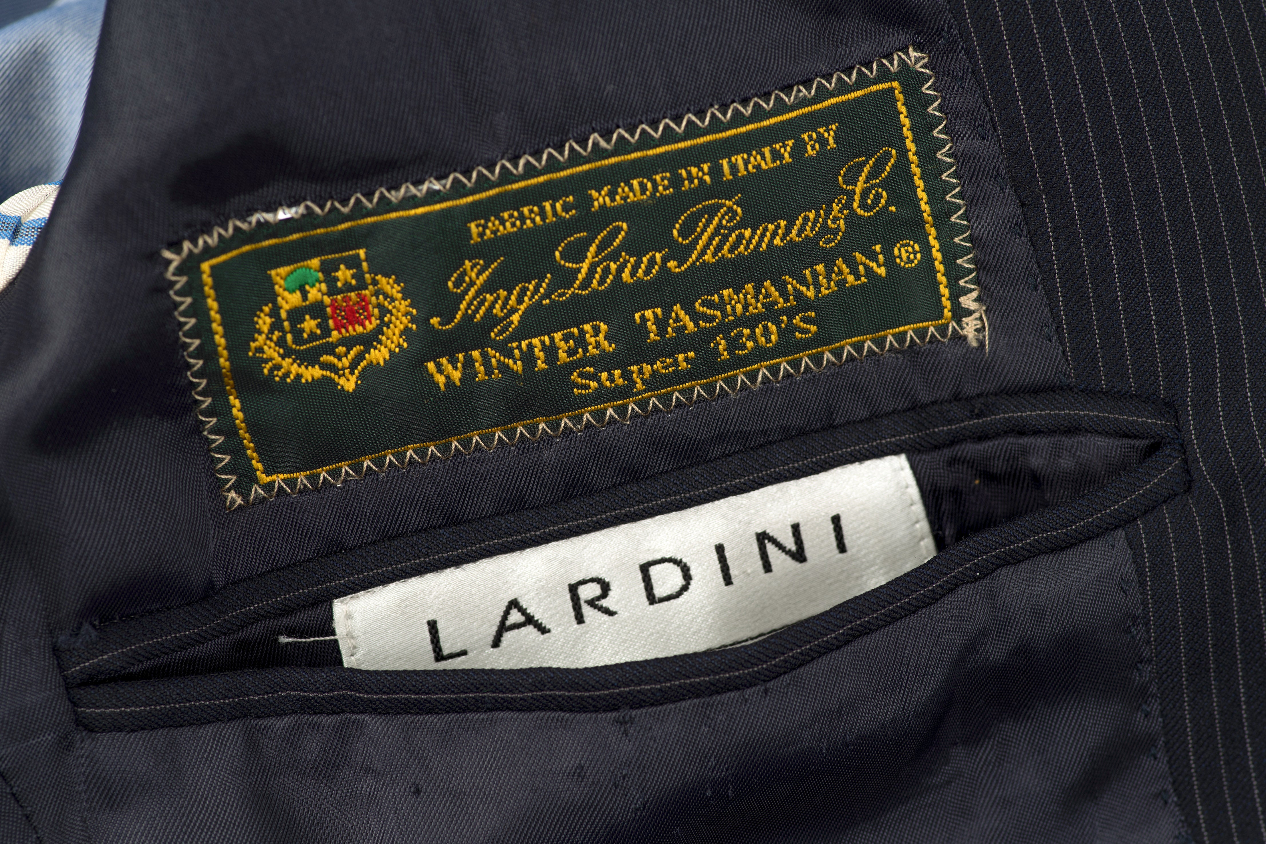 Lardini Super 130's Wool Navy Blue Striped 2 Pieces Suit, US 36R, EU 46R