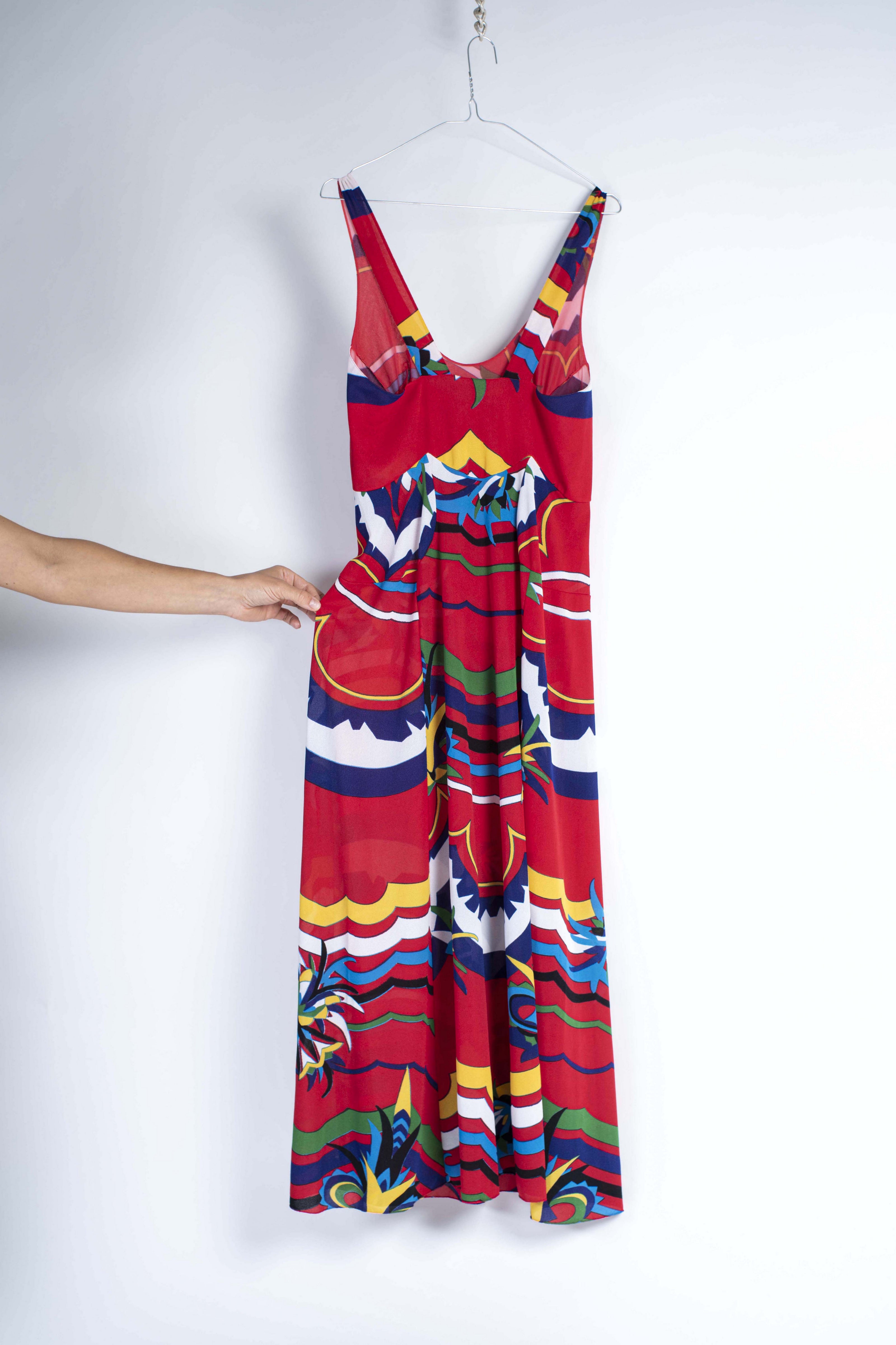Stylish Summer Abstract Print Red Maxi Dress, Size S