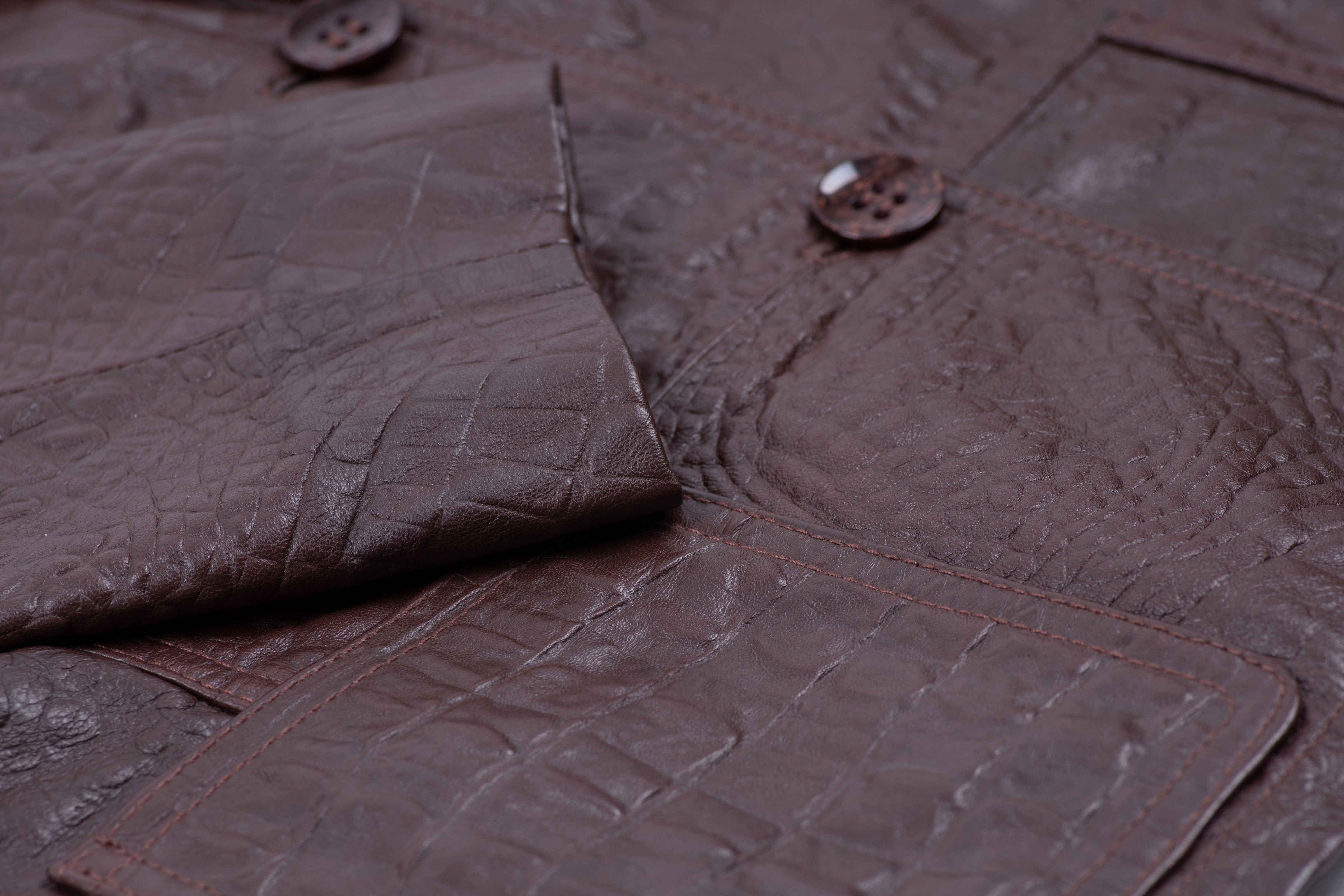 Women's Soft Leather Crocodile Pattern Brown Blazer, SIZE M