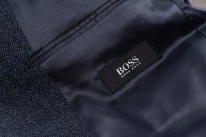 Hugo Boss 100% Lambswool Blue Herringbone Blazer, US 42R, EU 52R