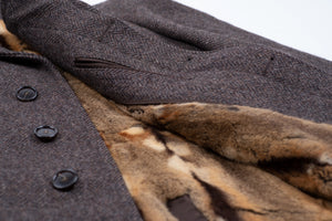 Crombie Cloth Herringbone Tweed Wool Coat With removable Fur Lining, USA 44S
