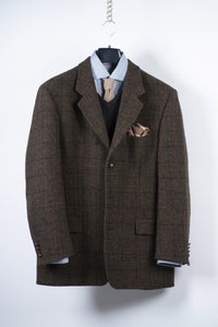 Harris Tweed Wool Windowpane Khaki Green 3 Button Blazer, US 42R, EU 52