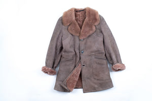 Men's Khaki Brown Shearling Coat With Mauve Lining, Size M