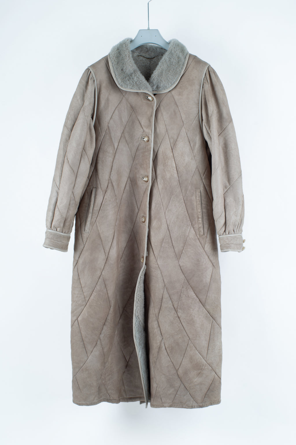 Women's Long Gray Elegant Shearling Coat with Puff Shoulders, Size L