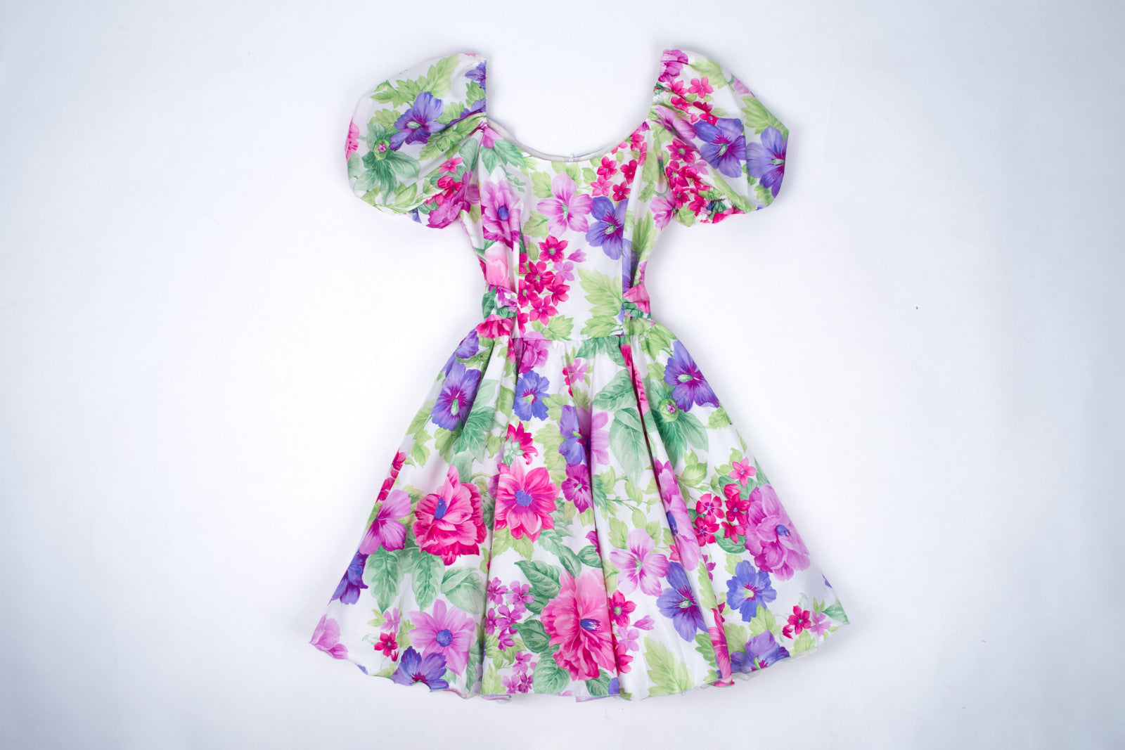 Vintage Fancy Floral Puff Sleeve Swing Dress, Size L