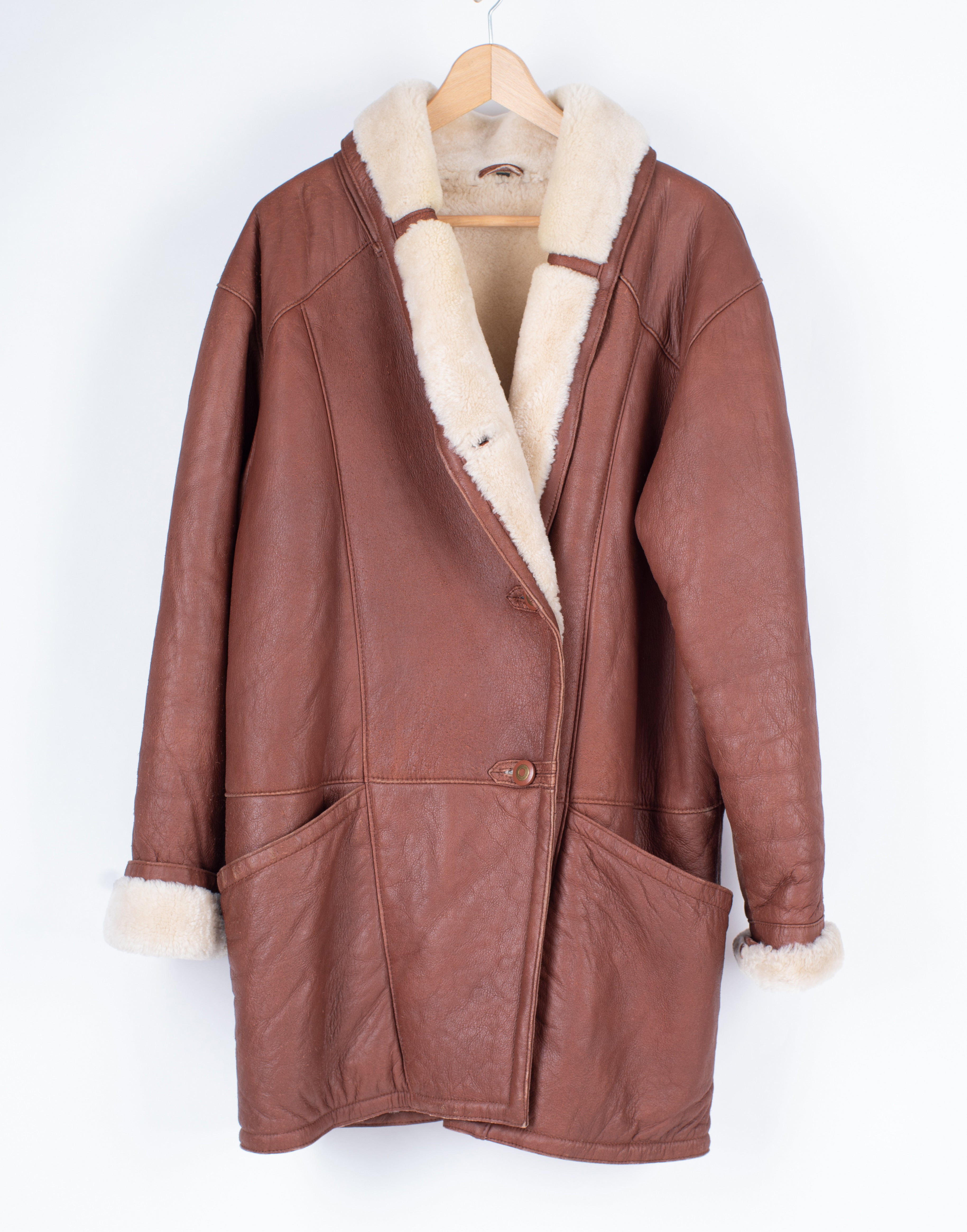 Sebbas Tan Brown Unisex Vintage Shearling Coat, Men's M, Women's L