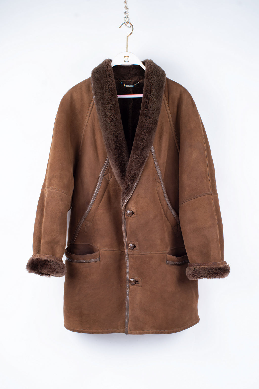 Men's Mabrun Brown Shearling Coat with Shawl Collar, Men's L