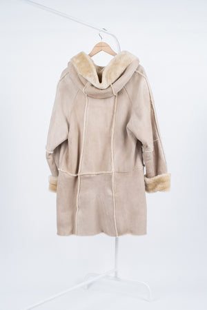 Beige Hooded Supple Shearling Coat, Women's XL