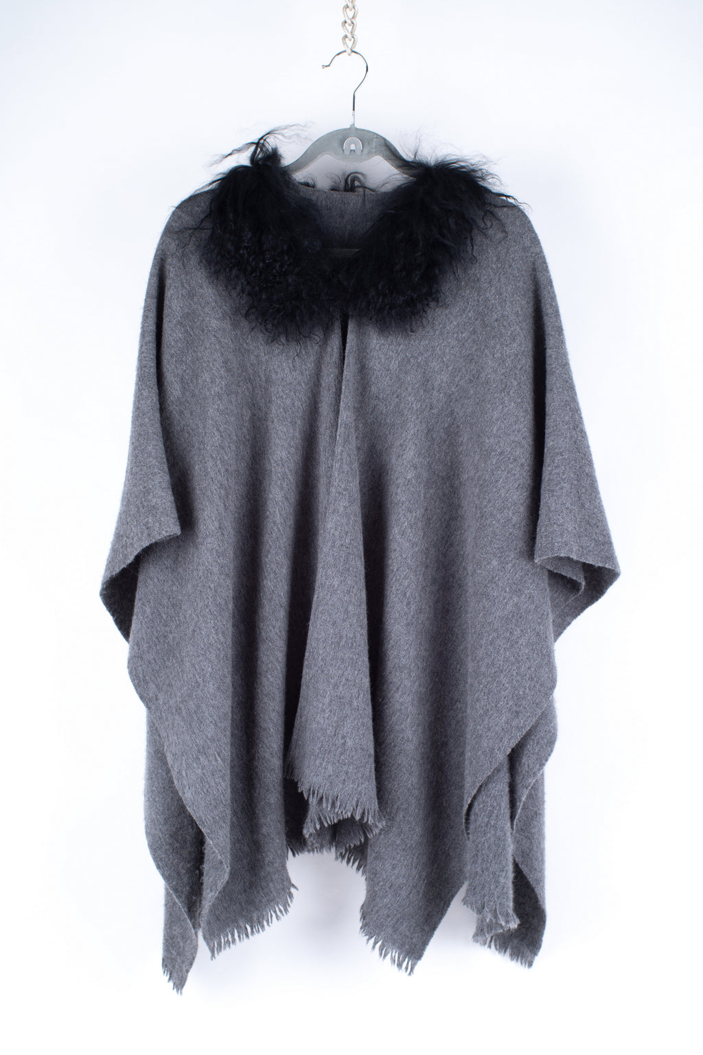Cashmere Blend Gray Cape With Curly Sheep Fur Collar
