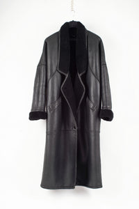 Woman's Long Cocoon Black Leather Sheepskin Coat, tall L