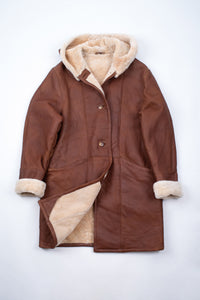 Women's Tan Brown Hooded Supple Leather Shearling Coat, SIZE XL