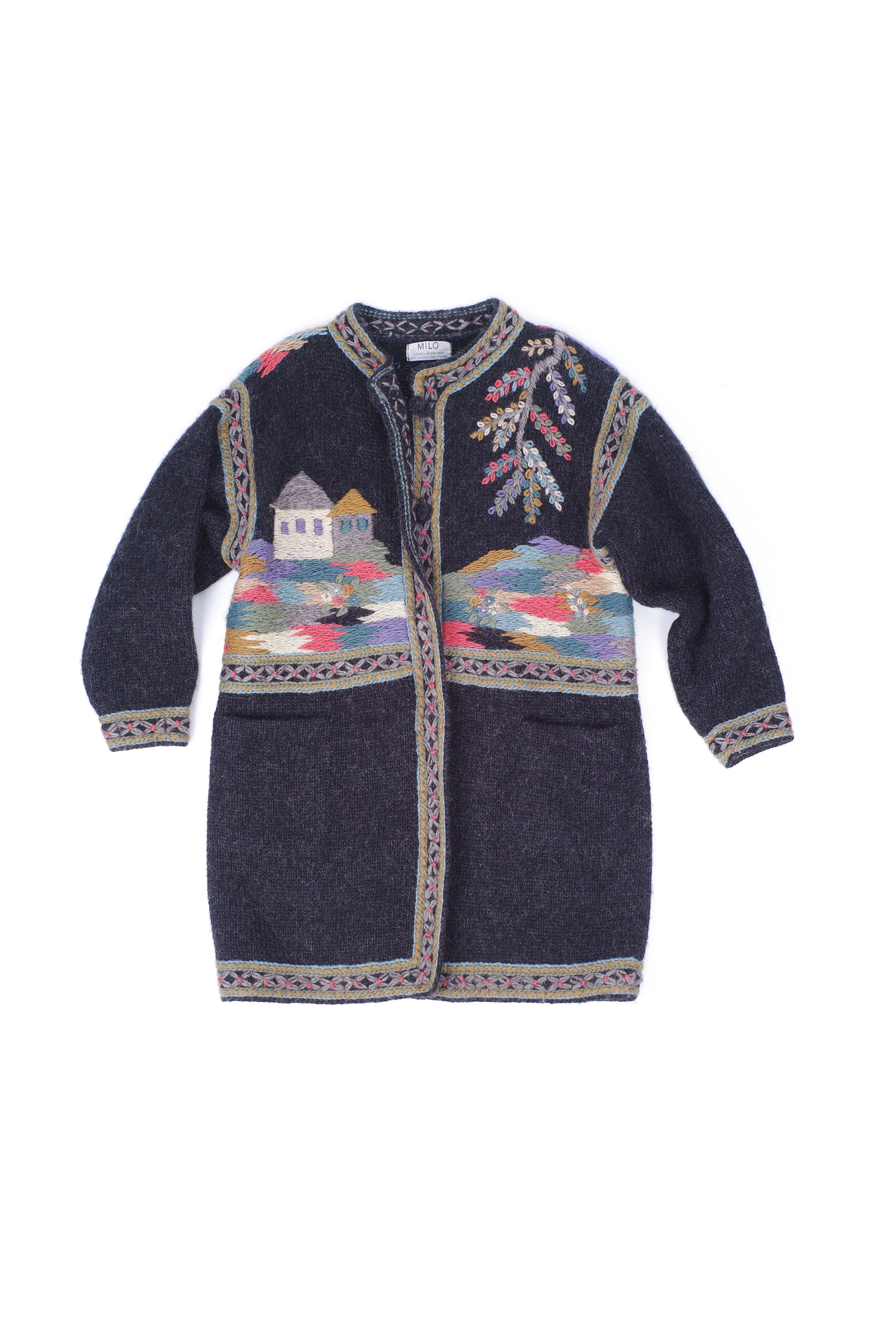 Scenic Landscape Embroidered Icelandic Wool Cardigan Coat, Size XL