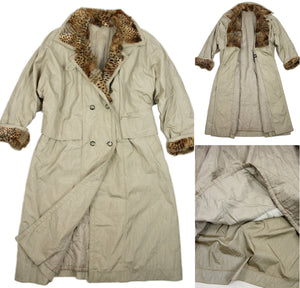 Vintage 80's Oversized Khaki Trench Coat With Animal Print Fur Details Size M
