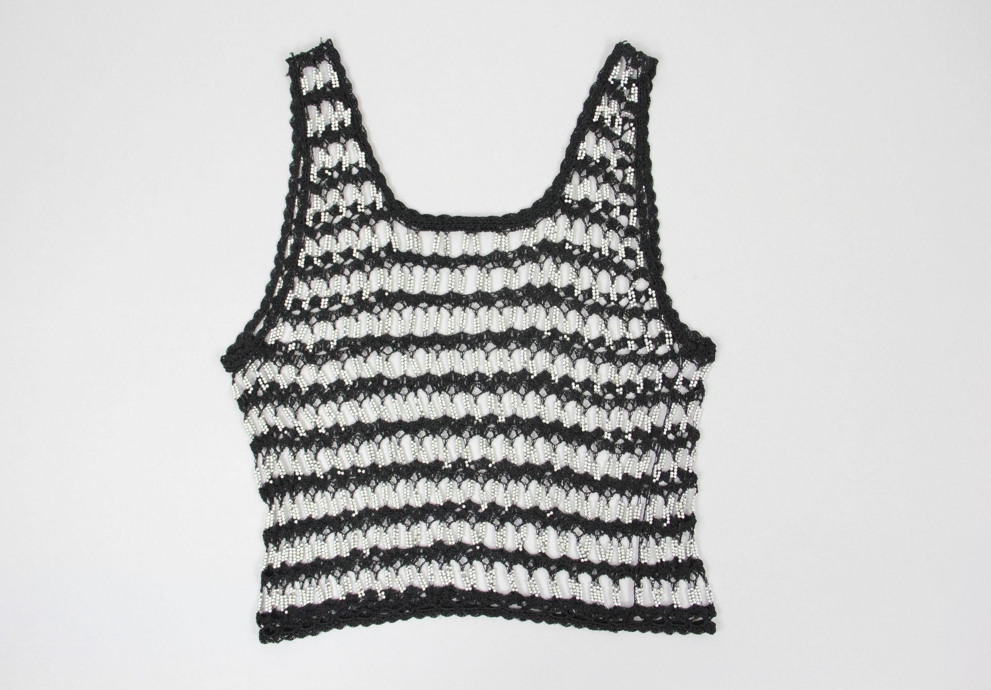 Black Crochet Knit Fishnet Silver Beaded Vest, Size S