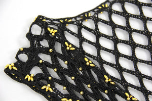 Black Crochet Knit Fishnet Gold Beaded Vest