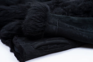 Woman's Black Patchwork Shearling Jacket With Shawl Fur Collar, M