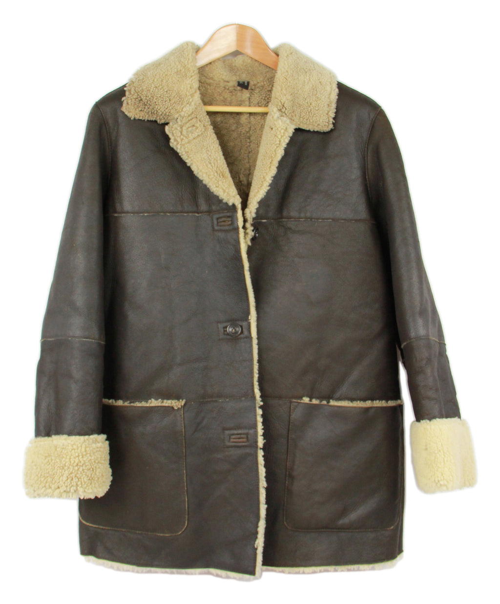 Women's Brown Lambskin Leather Shearling Coat With Raw Edges, SIZE L
