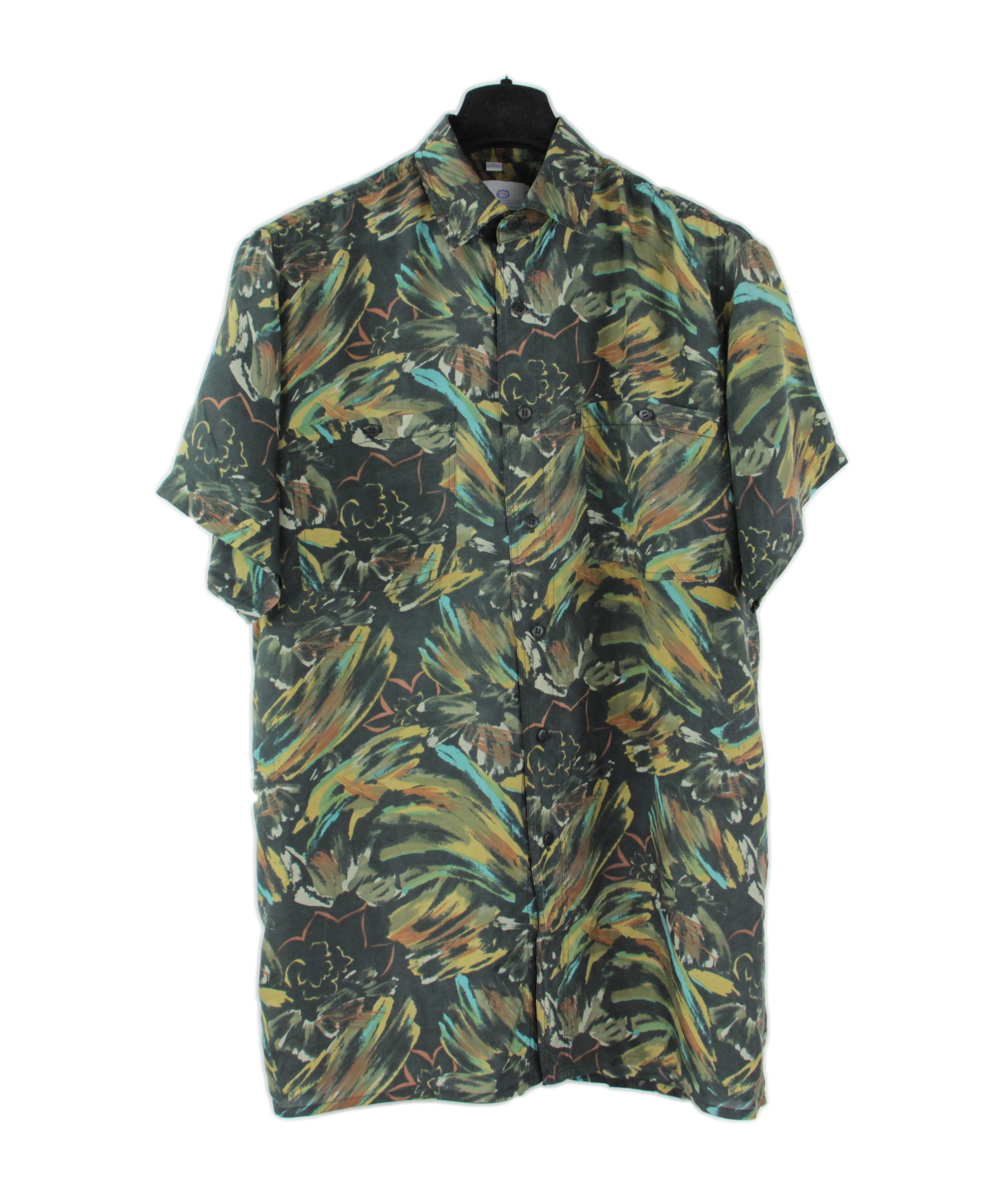 Vintage 100% Silk Khaki Green Floral / Camo Print Shirt, SIZE M