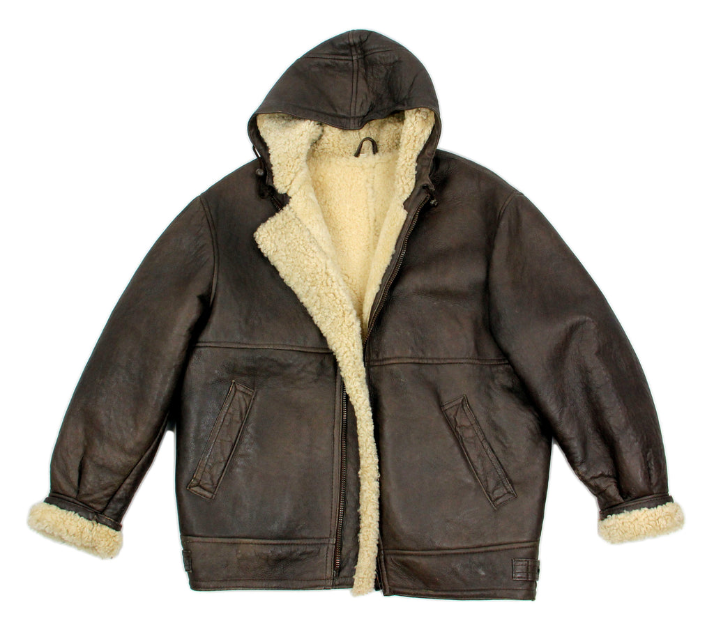 Brown Lambsfur Aviator Style Hooded Shearling Jacket, SIZE M - second_first
