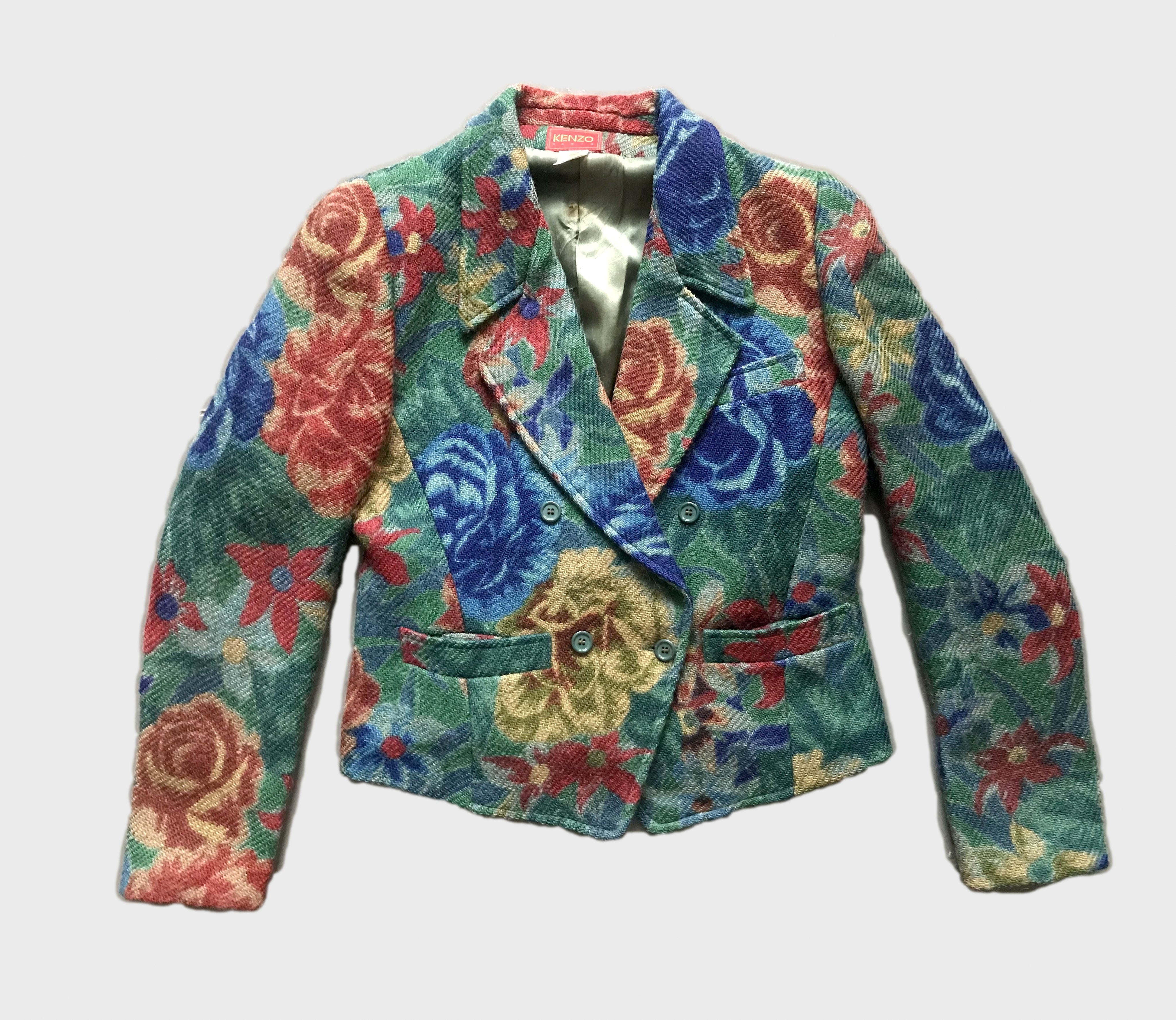 Kenzo Tweed Wool Floral Cropped Double Breasted Blazer, Women's M