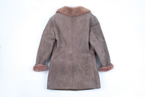 Men's Khaki Brown Shearling Coat With Mauve Lining, Size M