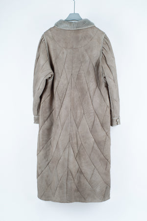 Women's Long Gray Elegant Shearling Coat with Puff Shoulders, Size L