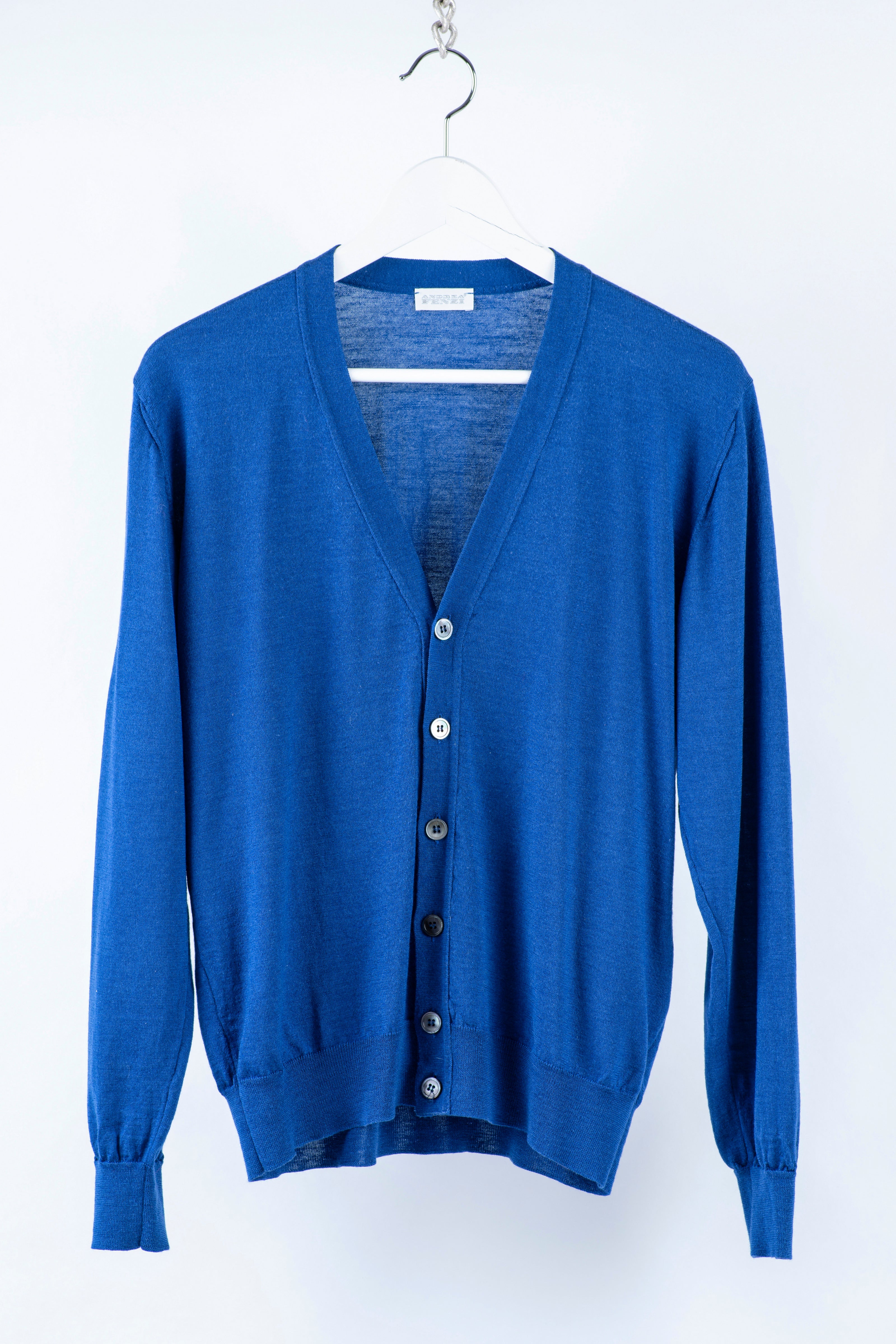Andrea Fenzi Merino Wool & Silk Thin Knit Blue Cardigan, SIZE M